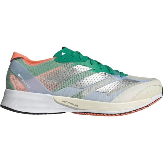 Sepatu Lari Adidas Adizero Adios 7 White Metallic Silver Courage Green HQ3699-7