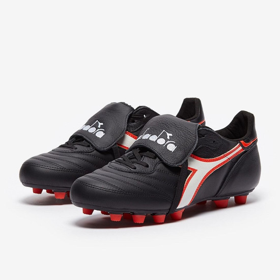 Sepatu Bola Diadora Brasil Made In Italy FG Black White Fluo Red 10117633-C9657