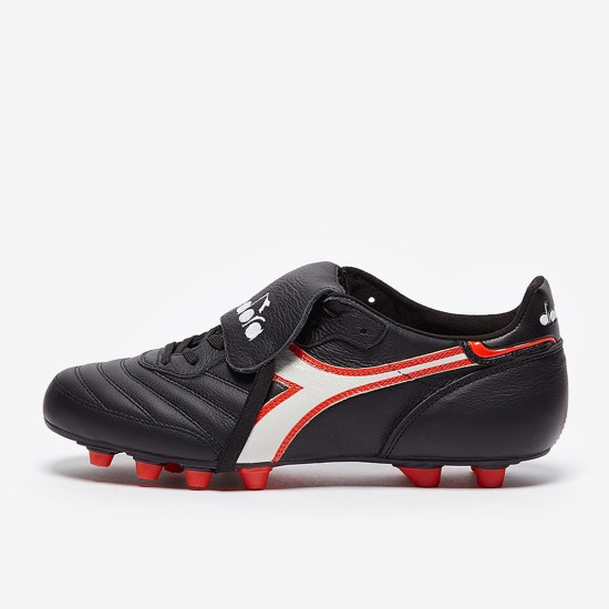 Sepatu Bola Diadora Brasil Made In Italy FG Black White Fluo Red 10117633-C9657