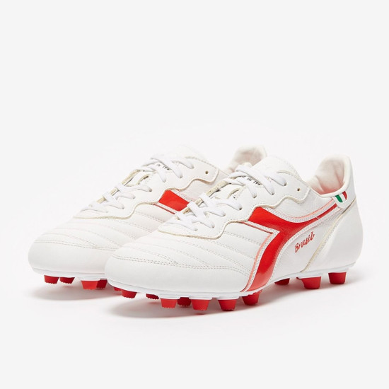 Sepatu Bola Diadora Brasil Made In Italy FG White Milano Red 101178029-C9981