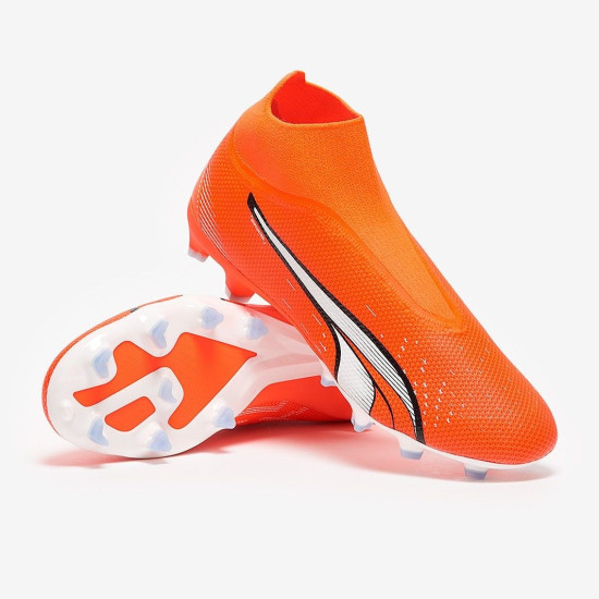 Sepatu Bola Puma Ultra Match+ Laceless FG/AG Puma Ultra Orange Puma White Blue Glimmer 10724301