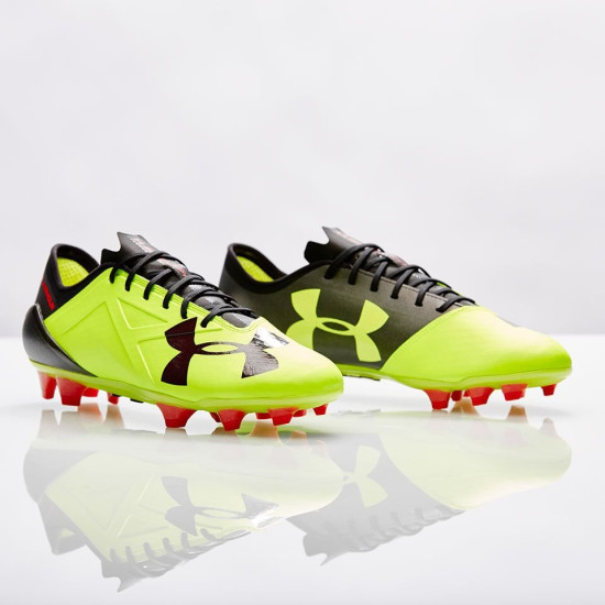 Sepatu Bola Under Armour Spotlight FG High Vis Yellow Rocket Red Black 1272298-731